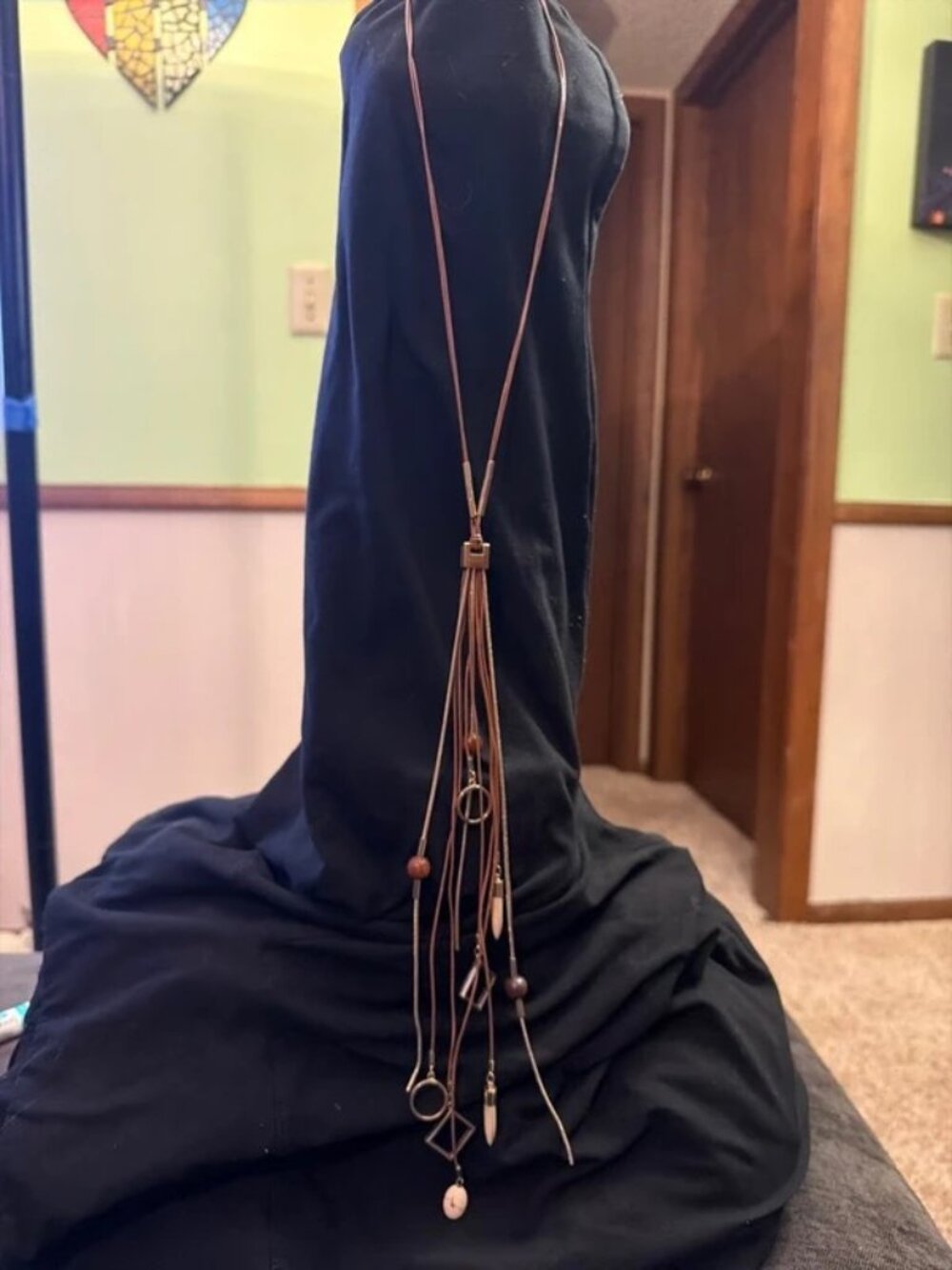 White House Black Market Gold Layered Leather Cord Tassel Lariat Necklace